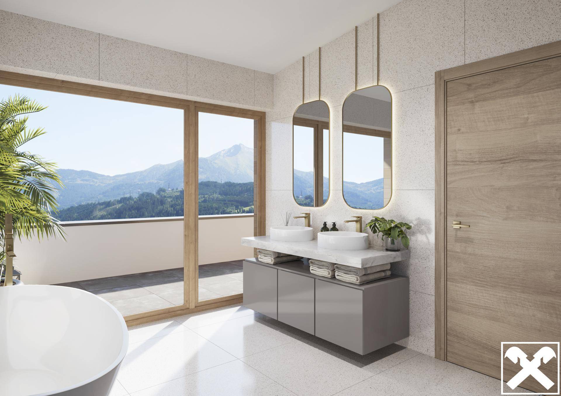 Modernes Badezimmer mit Doppelwaschbecken, freistehender Badewanne und Bergblick von der Terrasse.