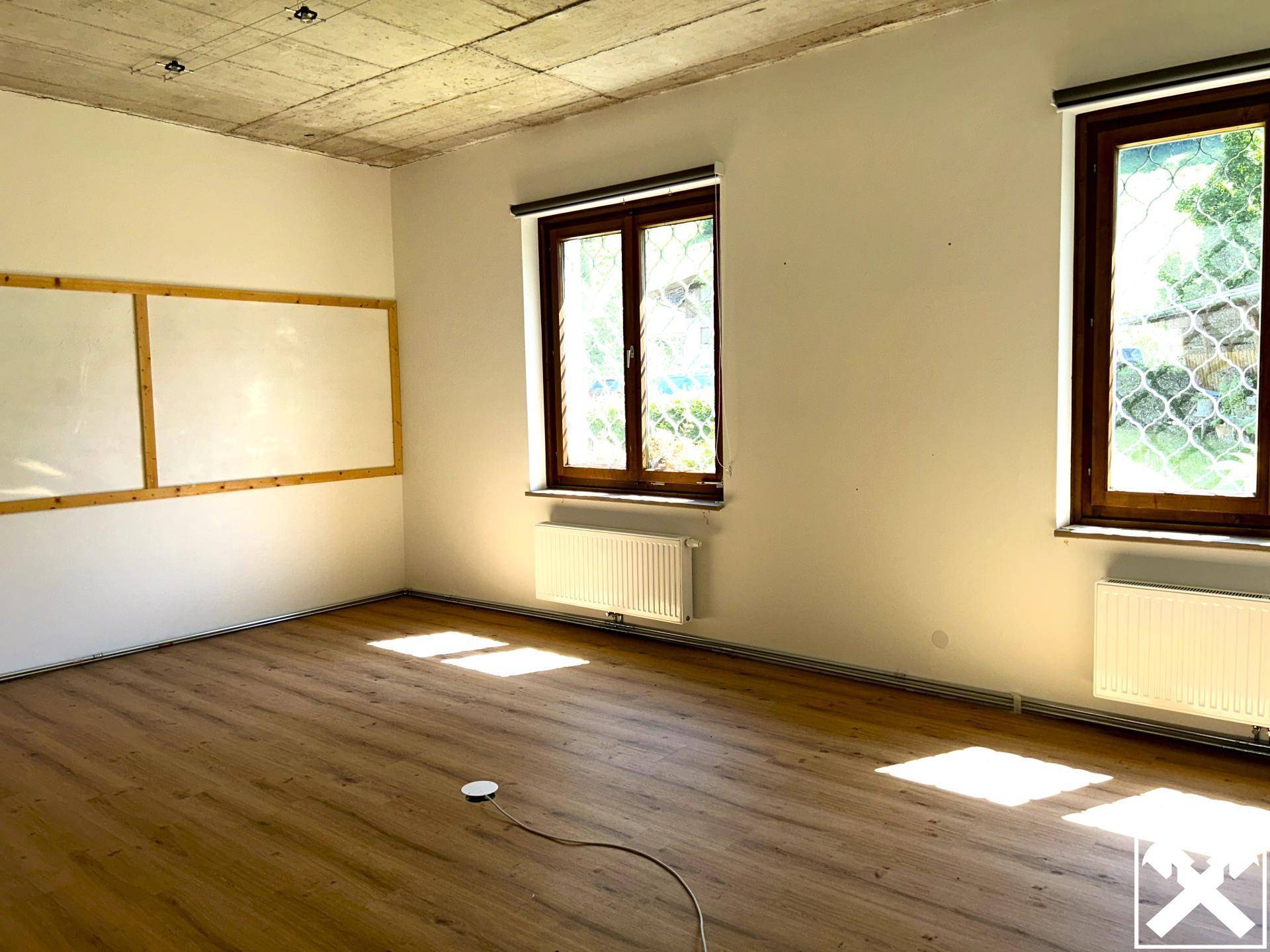 Heller Raum mit Holzlaminatboden, weißen Wänden und zwei Fenstern mit Heizkörpern.