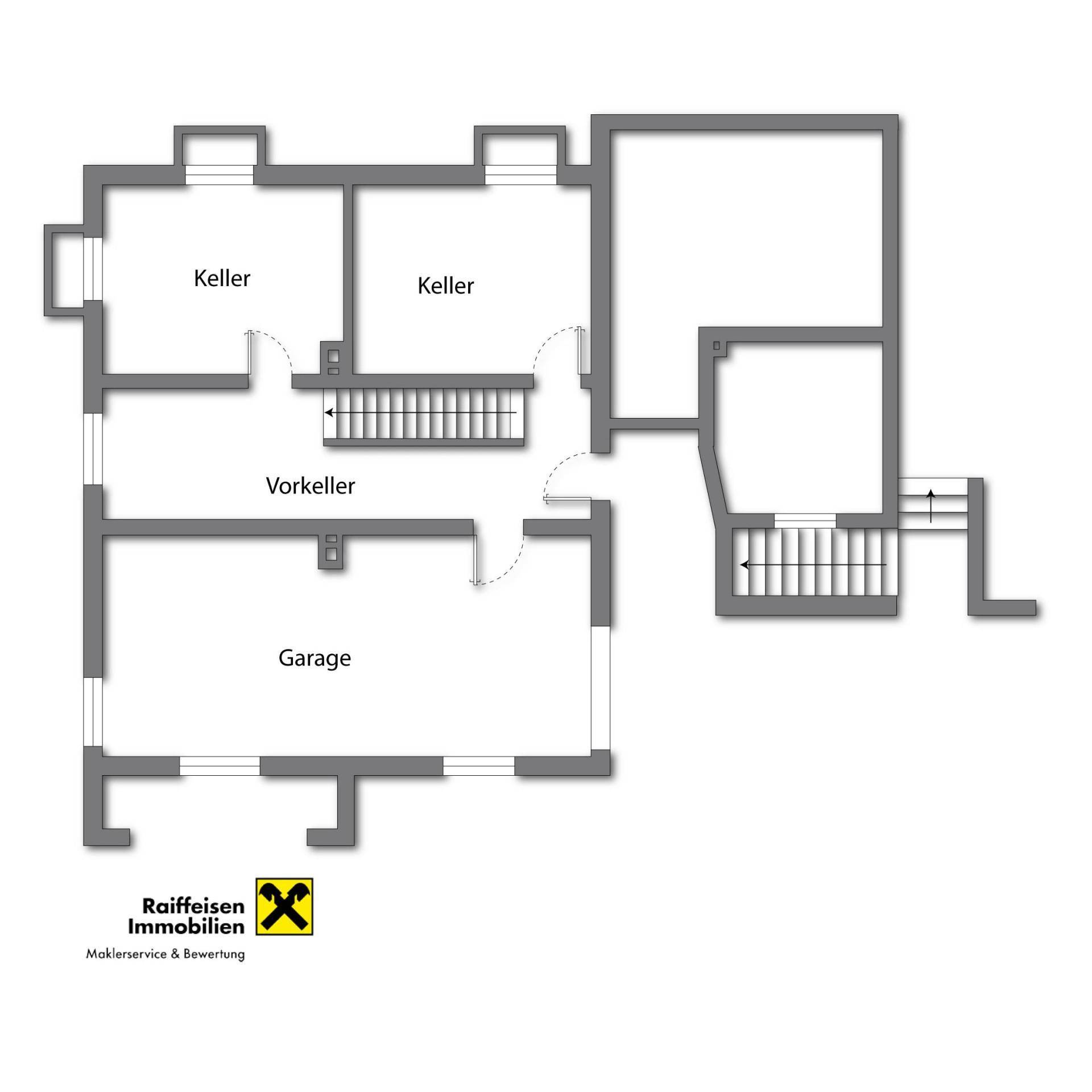 Grundriss des Kellergeschosses mit Garage, Vorkeller und zwei weiteren Kellerräumen.