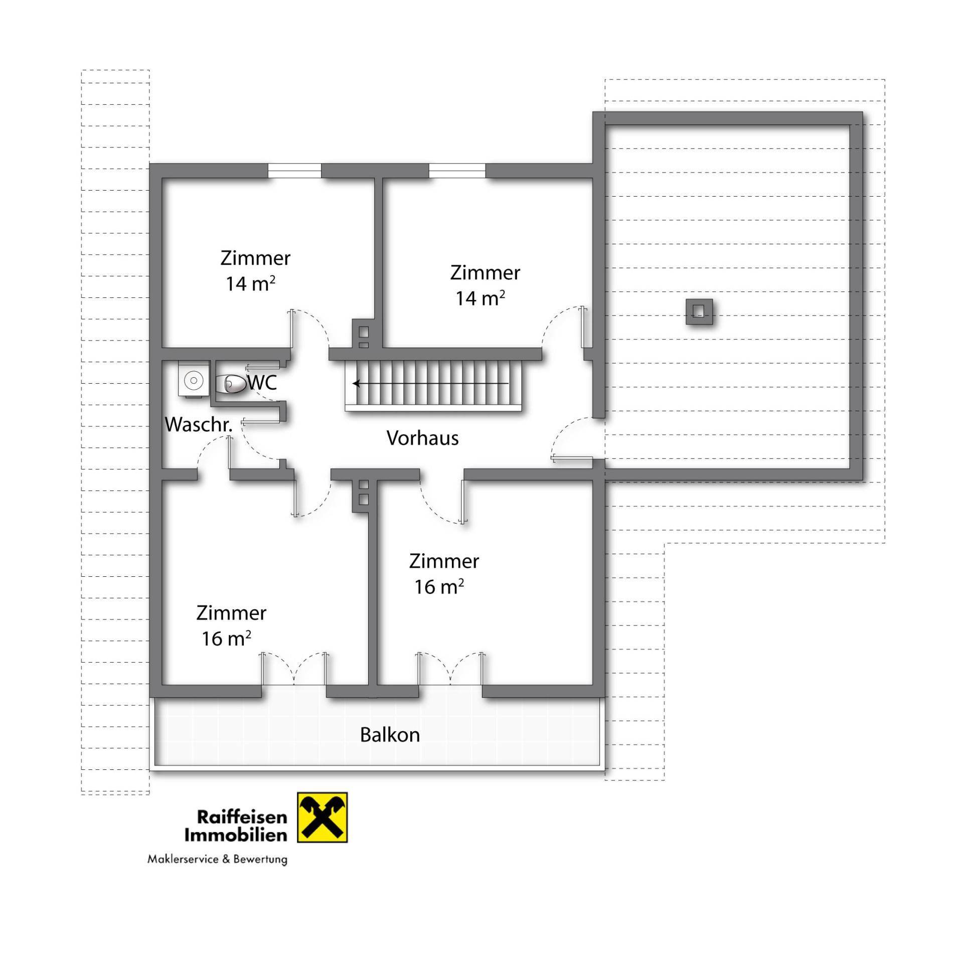 Grundriss des Obergeschosses mit mehreren Zimmern, WC und einem Balkon.