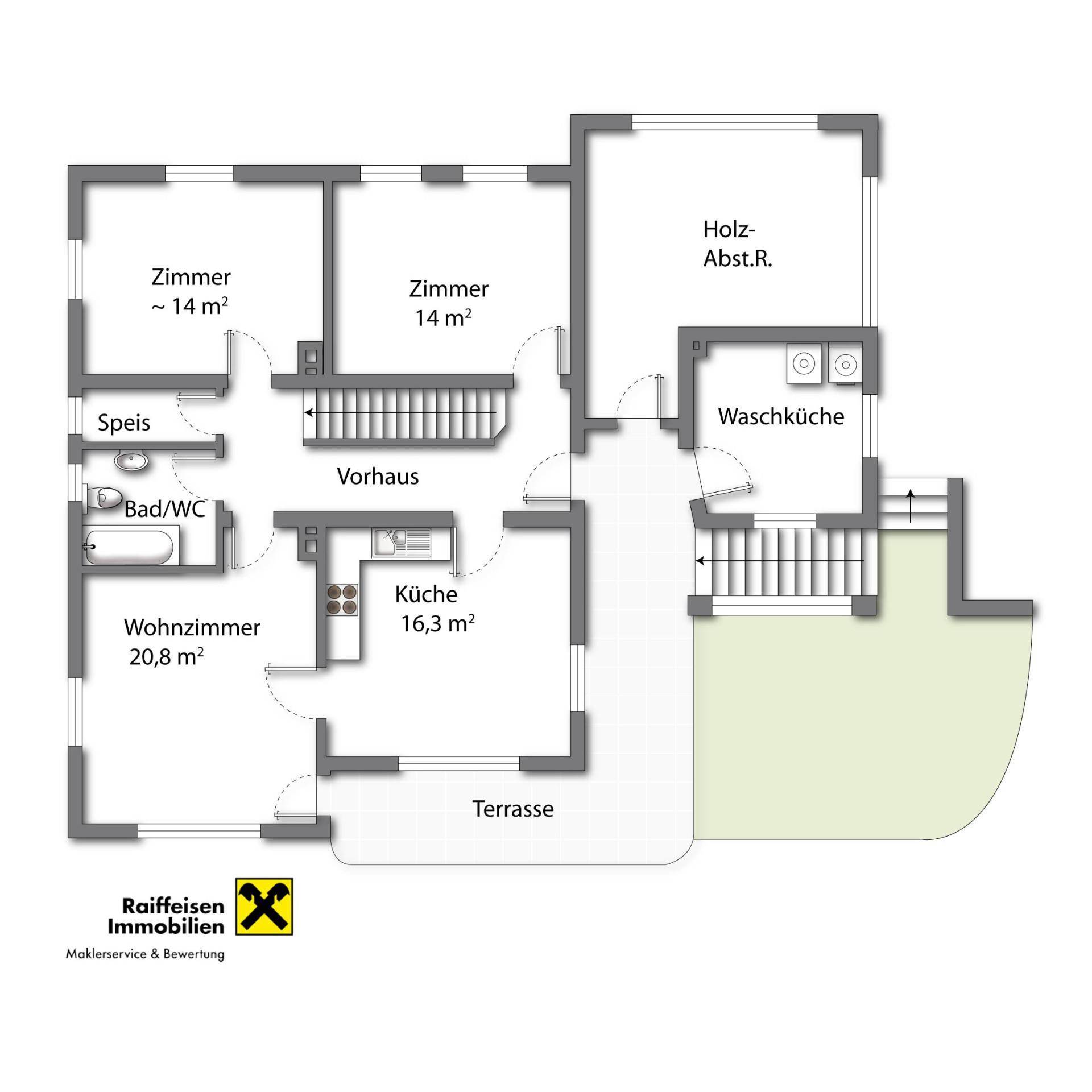 Grundriss des Erdgeschosses mit Wohnzimmer, Küche, Bad und Zugang zur Terrasse.