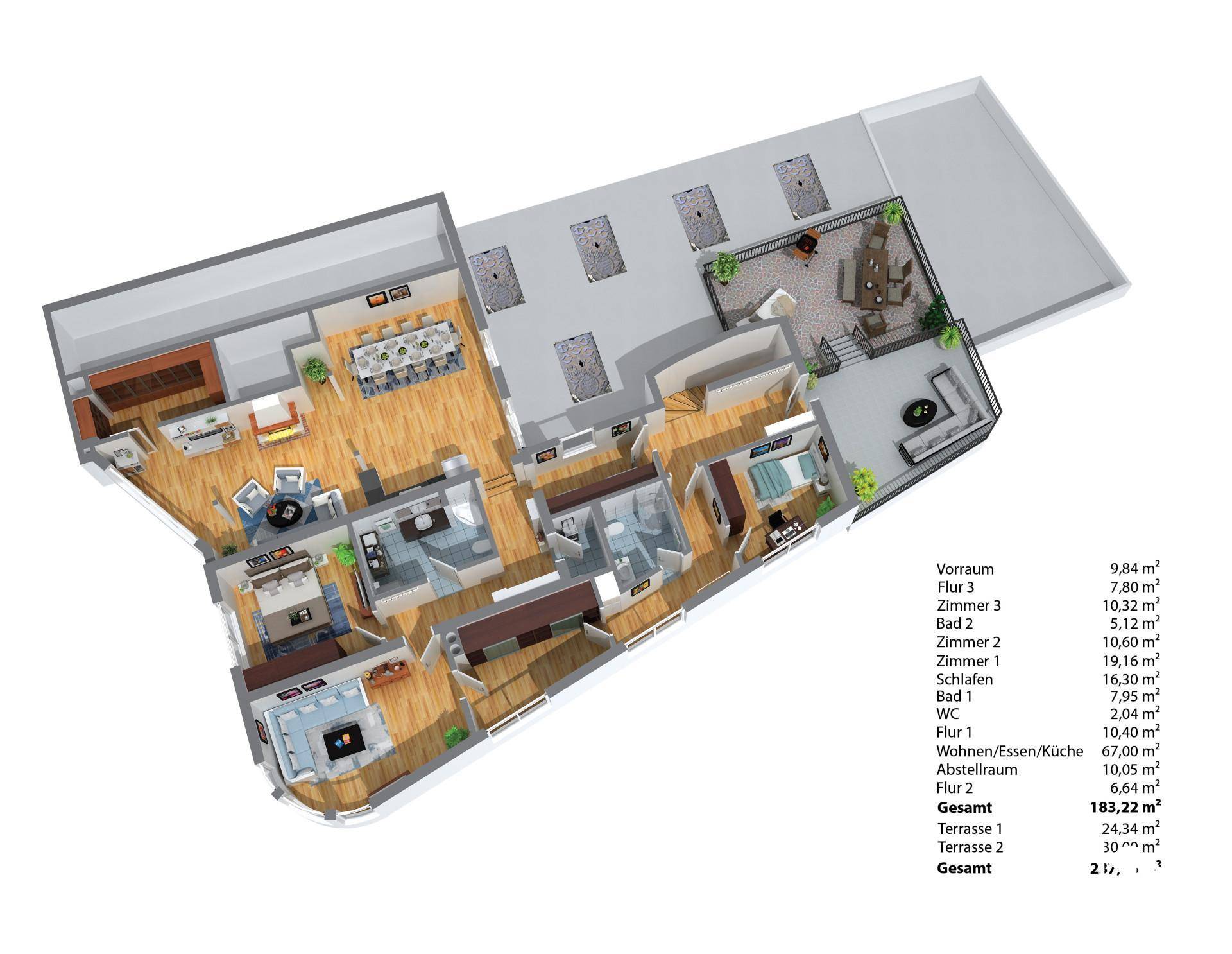 Detaillierter 3D-Grundriss einer Wohnung mit offenem Wohnbereich, zwei Terrassen und mehreren Schlafzimmern.