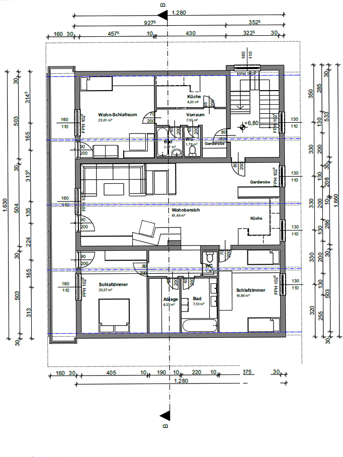 Grundriss einer Wohnetage mit Wohn-Schlafzimmer, Küche, Bad, Schlafzimmern und Abstellraum.