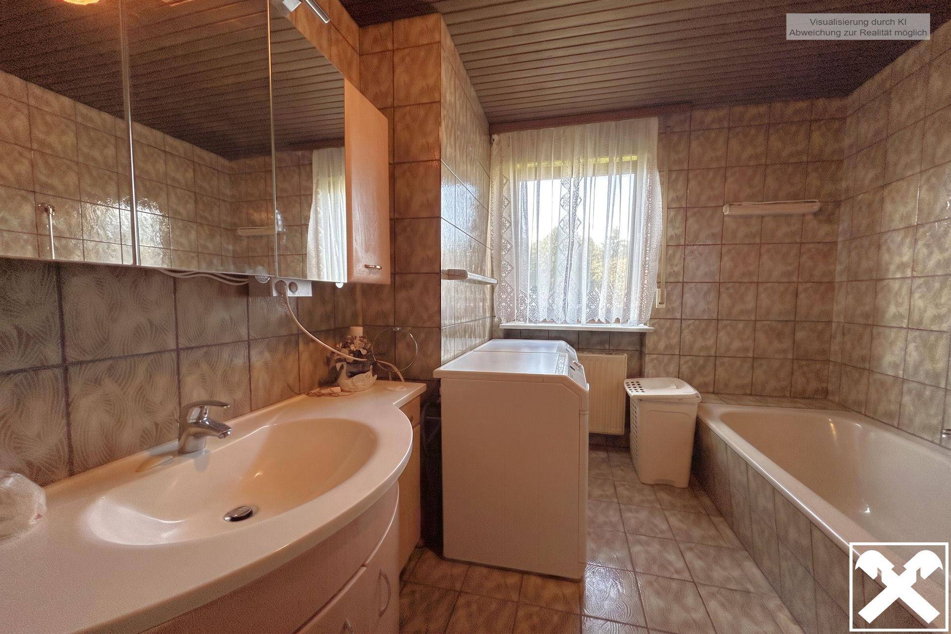 Badezimmer mit braunen Fliesen, Badewanne, Einzelwaschbecken und Fenster.