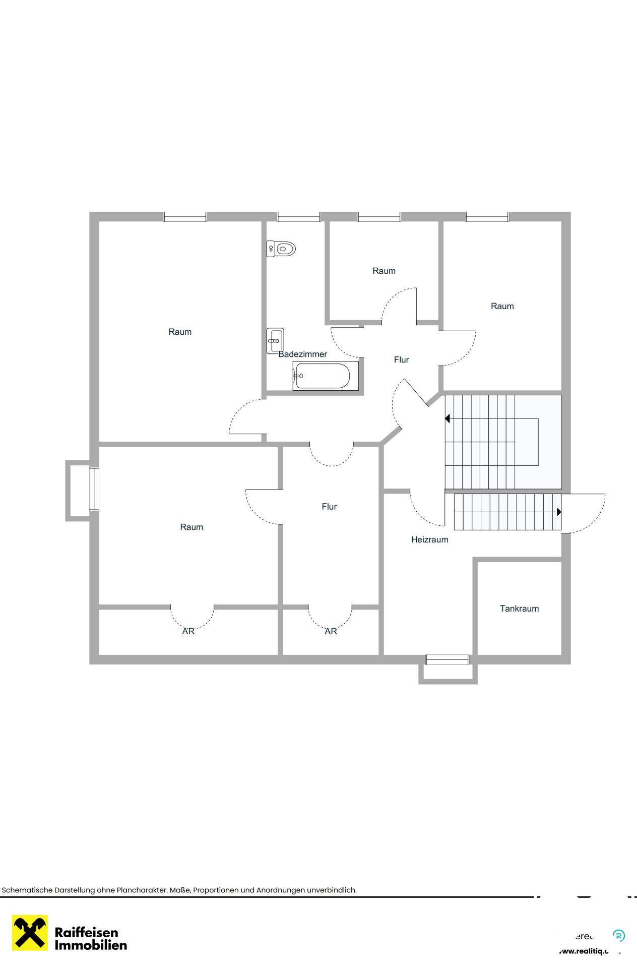 Grundriss des Untergeschosses mit Heizraum, Tankraum, Badezimmer und weiteren Räumen.