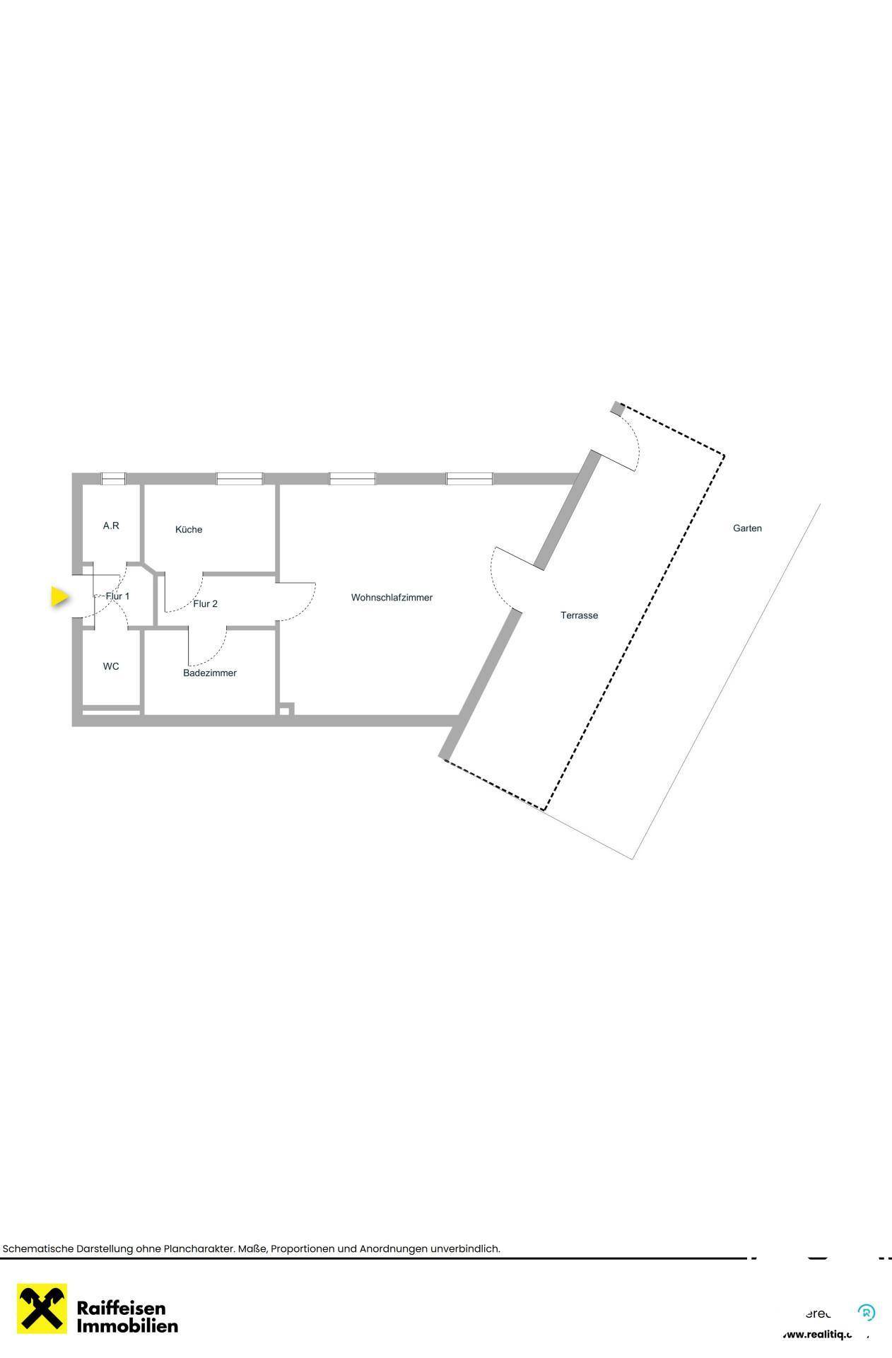 Grundriss zeigt die Raumaufteilung mit Wohnzimmer, Küche, Bad, WC und Terrasse.