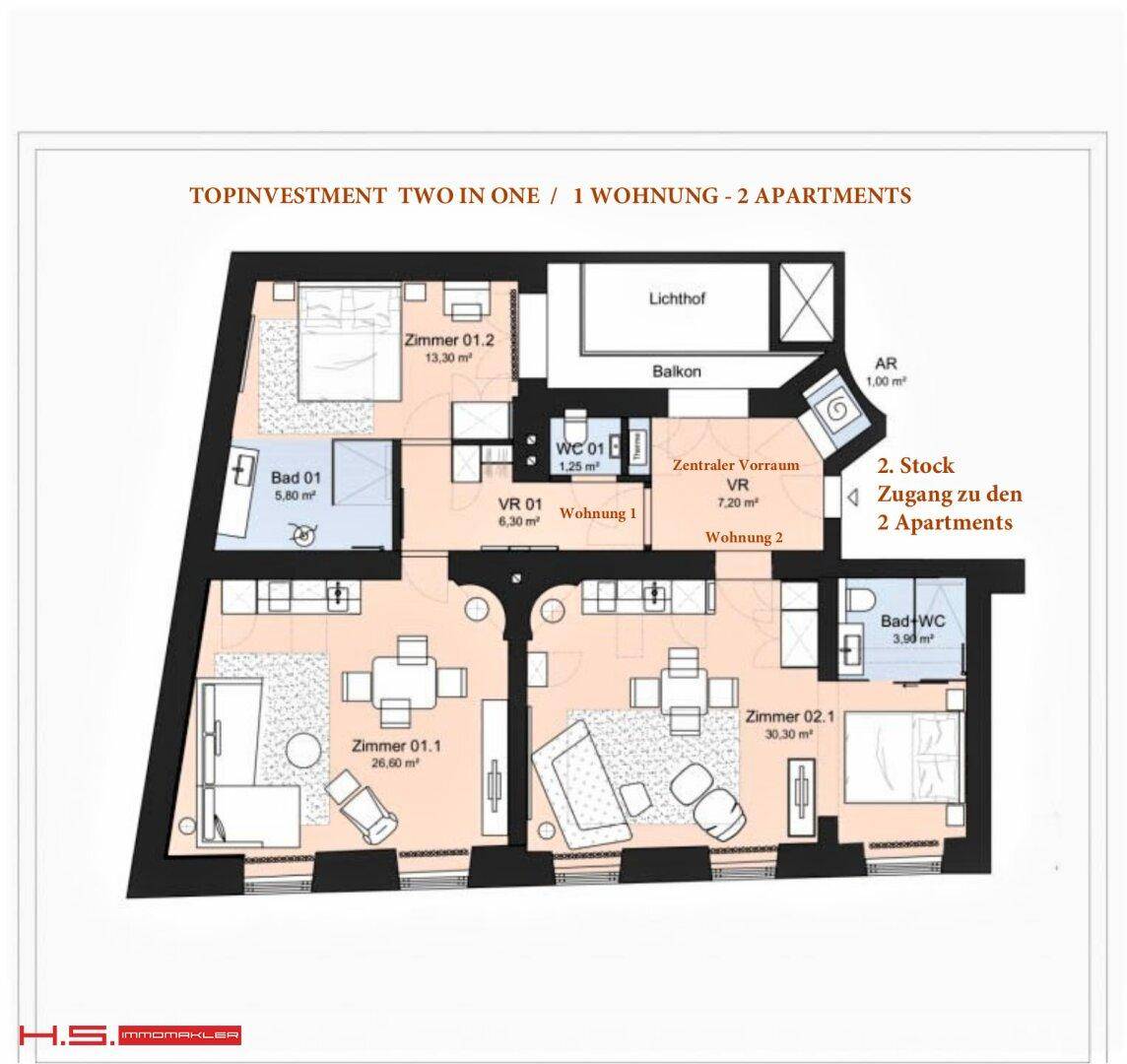 Grundrissplan zeigt zwei separate Wohnungen mit Balkon und Lichthof auf einer Etage.