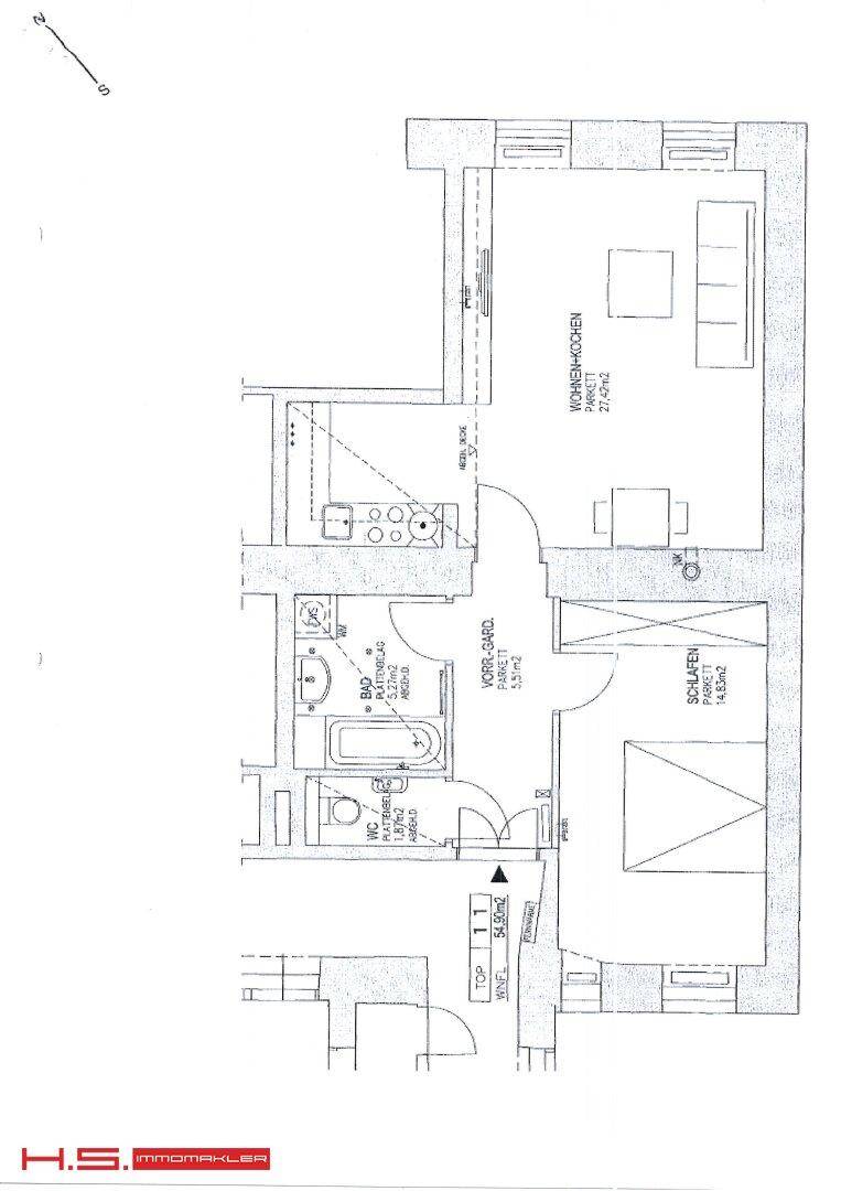 Grundriss einer Wohnung mit Wohnküche, Schlafzimmer, Bad und separatem WC.