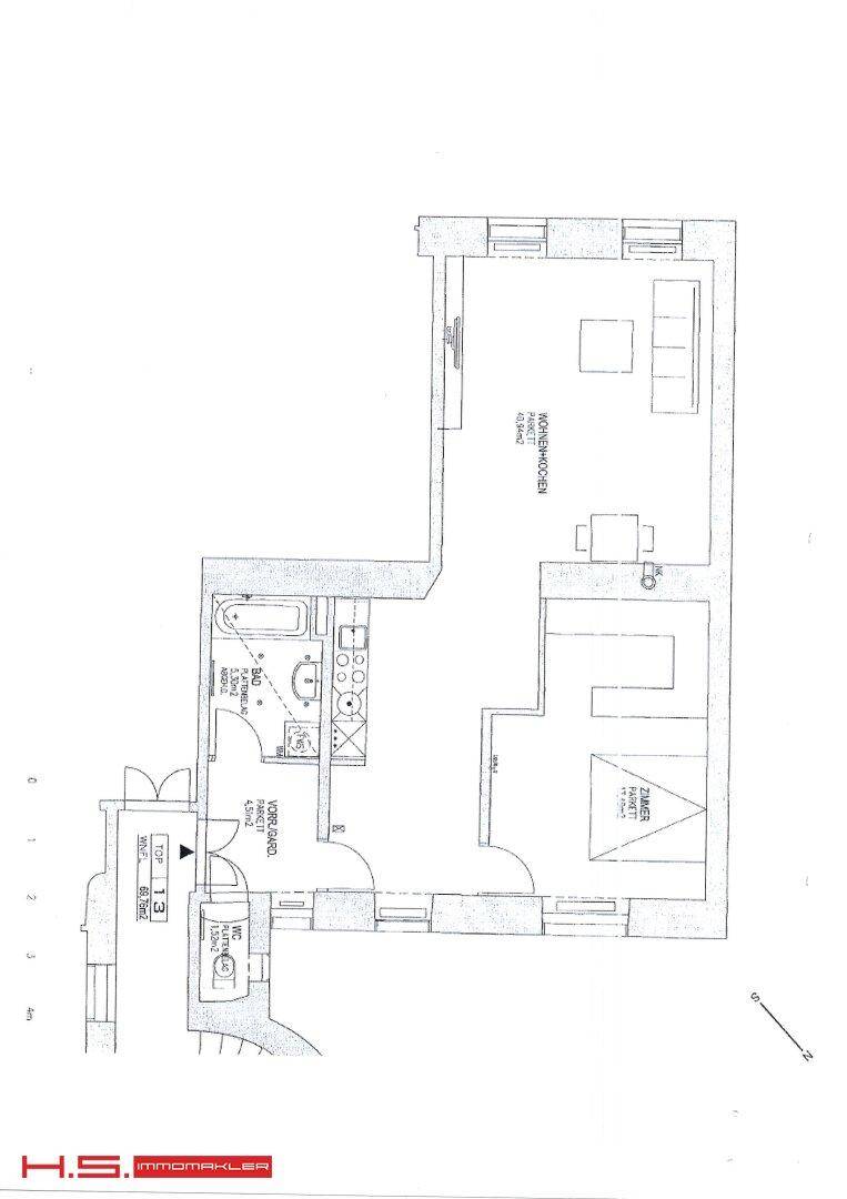 Grundrissplan einer Wohnung mit Wohnküche, einem Zimmer, Bad und separatem WC.