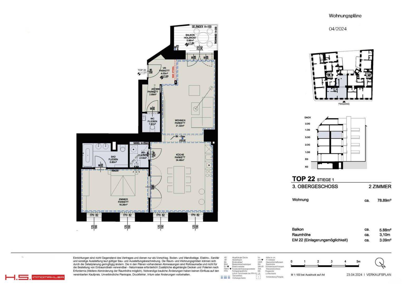 Grundriss der Wohnung TOP 22 im 3. Obergeschoss mit Balkon und 2 Zimmern.