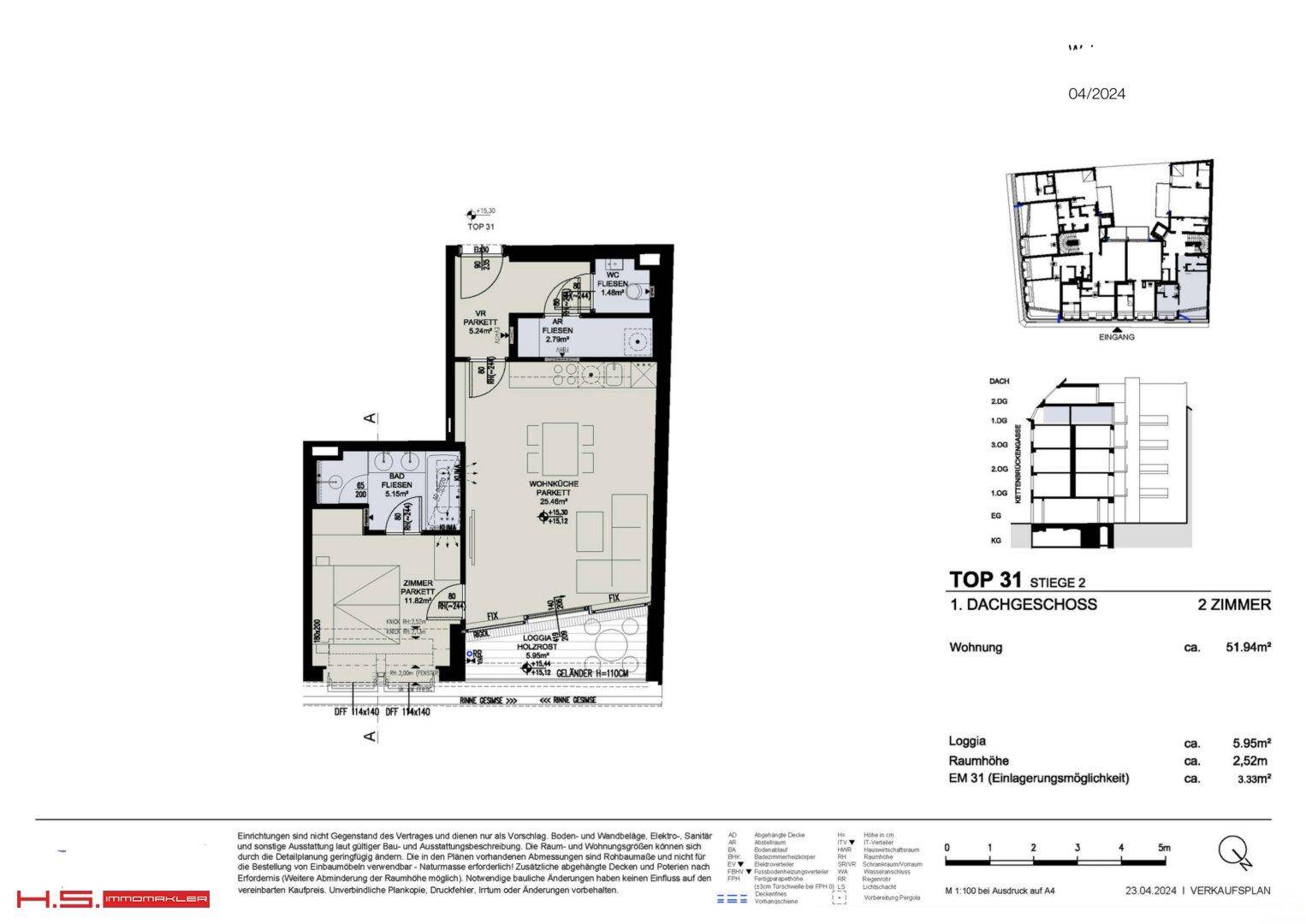 Grundriss des Dachgeschosses mit 2 Zimmern, Loggia und Bad, Gesamtfläche 51,94m².