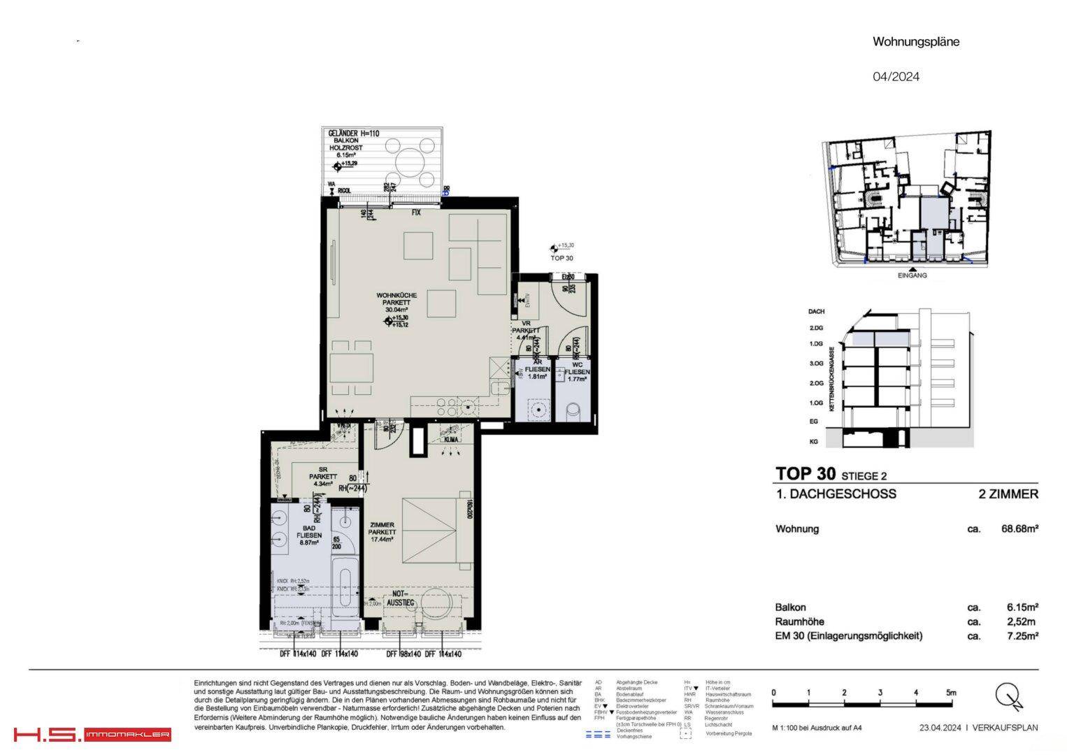 Grundriss einer 2-Zimmer-Wohnung im Dachgeschoss mit Balkon und 68,68 m² Wohnfläche.