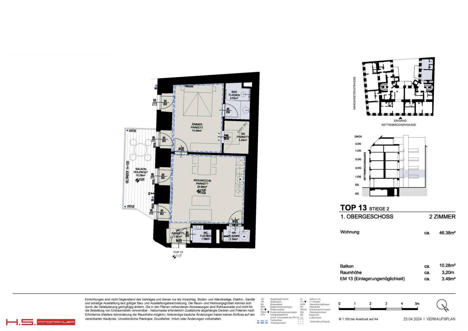 Grundriss einer 2-Zimmer-Wohnung mit offener Wohnküche, separatem WC und einem Balkon mit Sitzgelegenheiten.