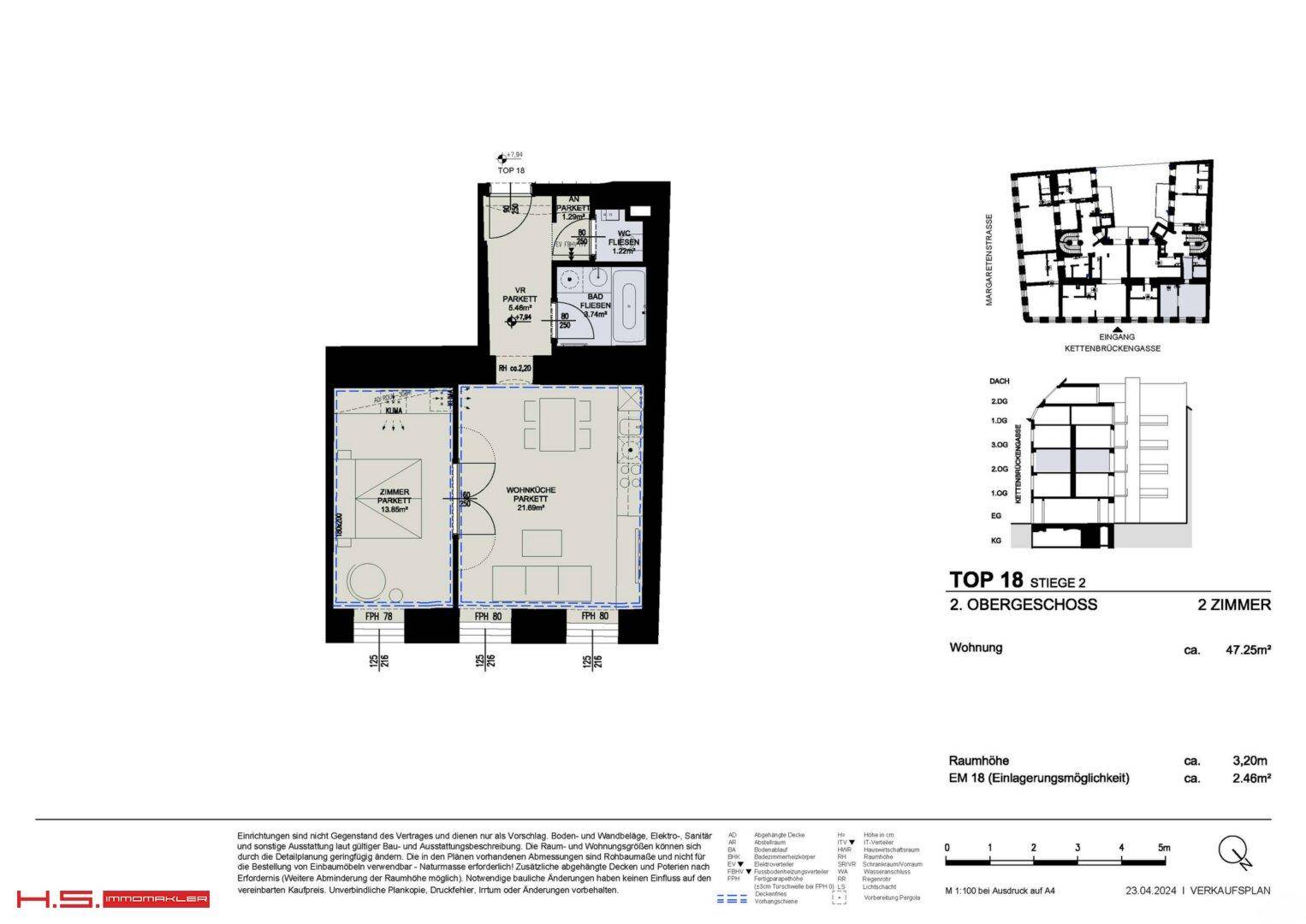 Grundriss einer 2-Zimmer-Wohnung im 2. Obergeschoss mit offener Wohnküche, Bad und separatem WC.