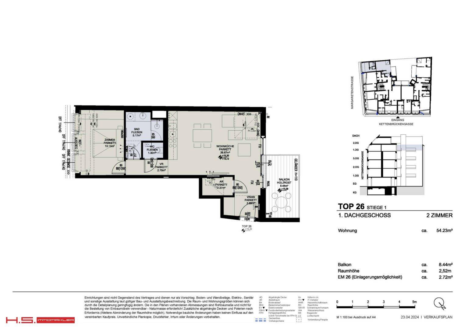 Grundriss einer 2-Zimmer-Wohnung im Dachgeschoss mit offenem Wohnbereich und Balkon.