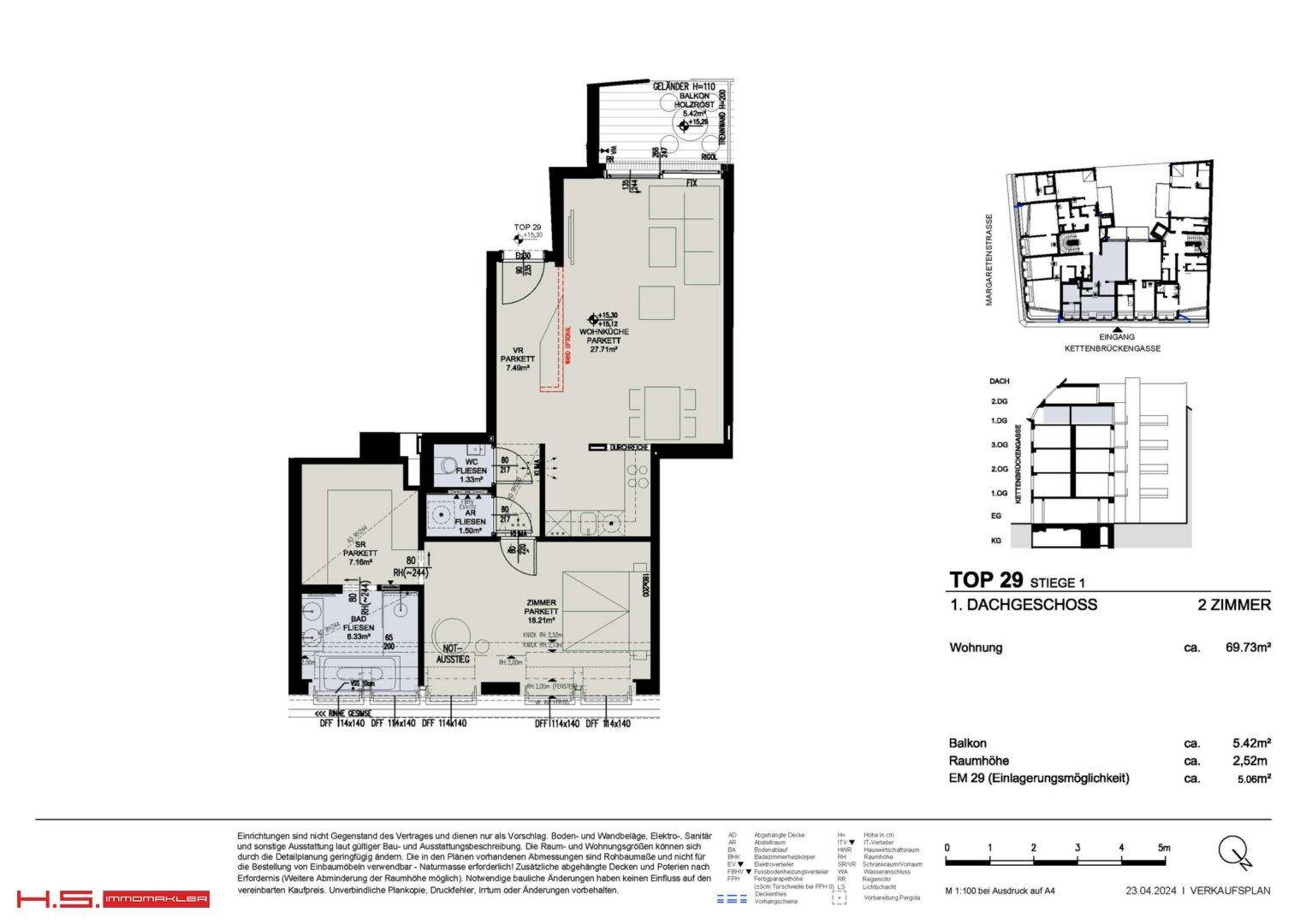 Grundrissplan einer Dachgeschosswohnung mit offenem Wohnbereich, Balkon und separatem WC.