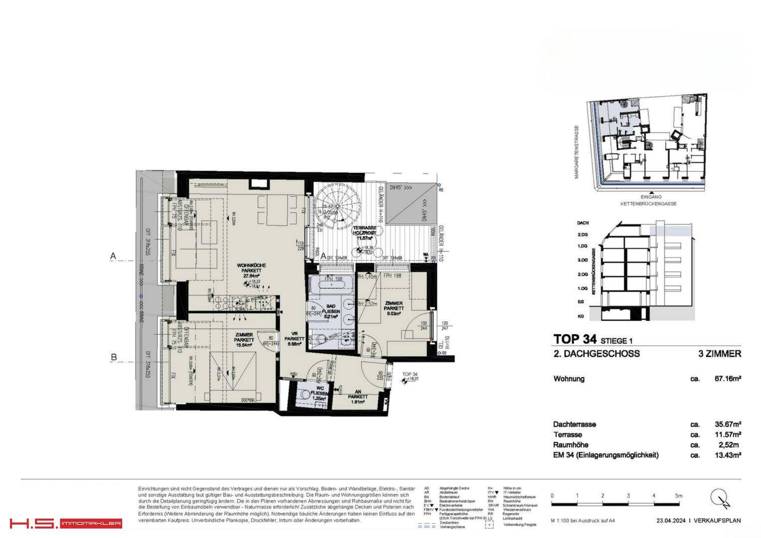 Grundriss einer 3-Zimmer-Wohnung im 2. Dachgeschoss mit Wohnküche, Bad, separatem WC und großer Dachterrasse.