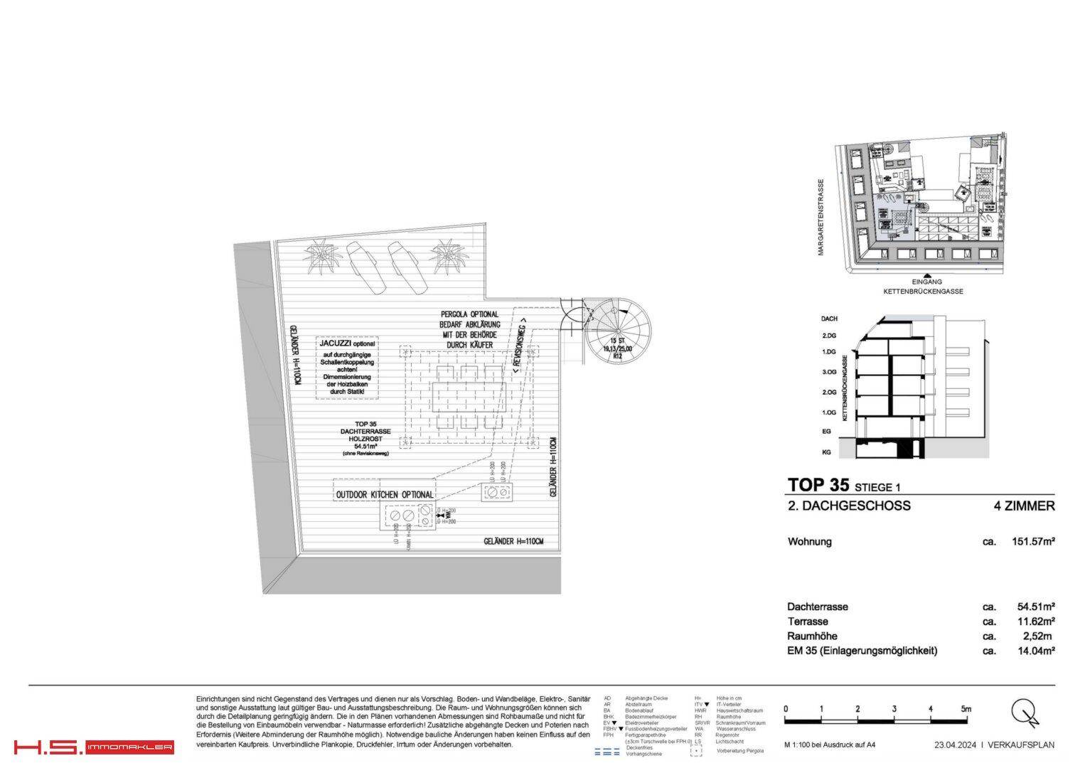 Detaillierter Grundriss der Dachterrasse mit optionalem Whirlpool, Pergola und Außenküche.