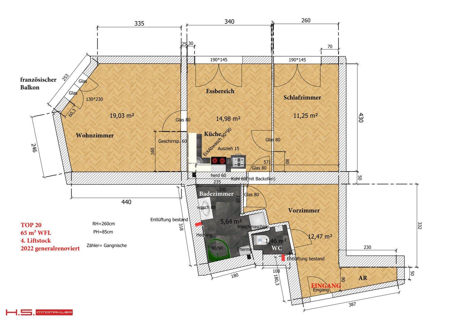 Grundriss einer Wohnung mit Wohnzimmer, Küche, Essbereich, Schlafzimmer und Bad.