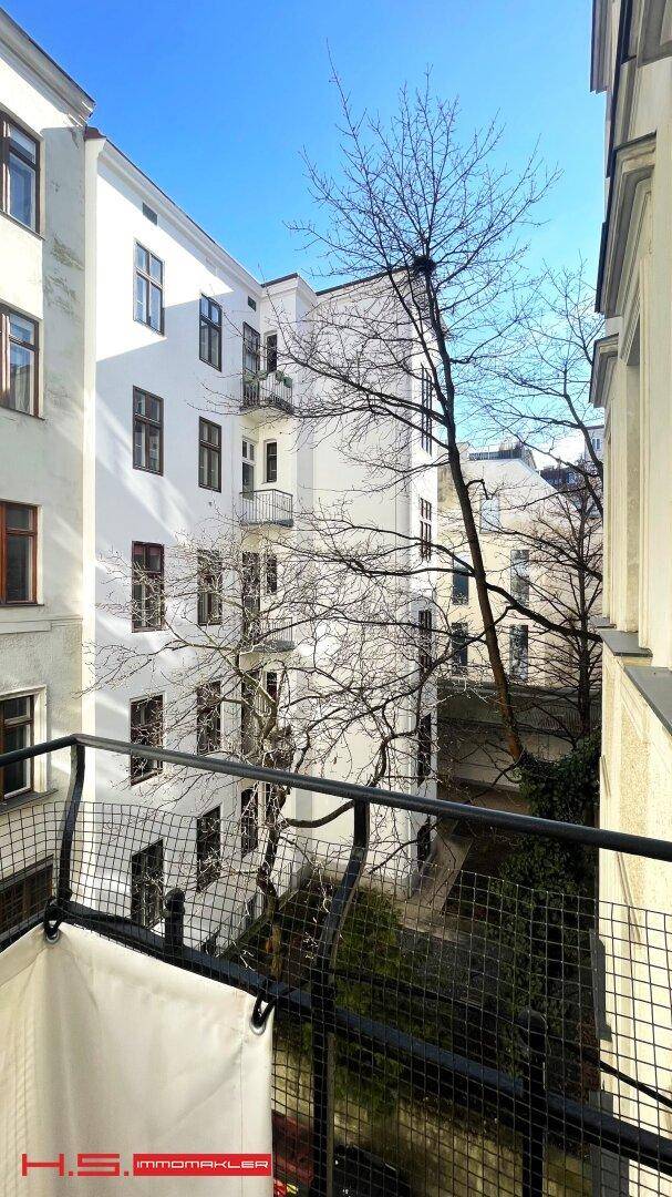 Blick vom Balkon auf den begrünten Innenhof und die umliegenden Altbauten.