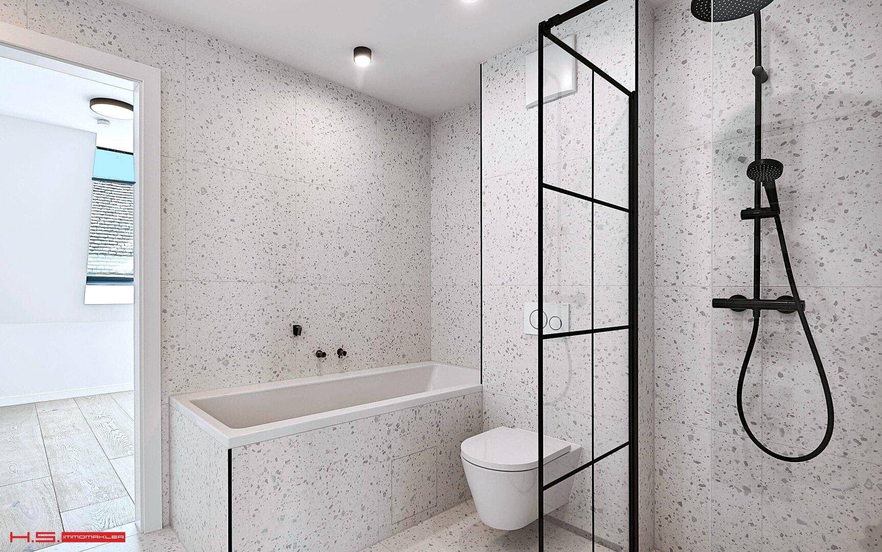 Modernes Badezimmer mit Badewanne, begehbarer Dusche und weißen Fliesen im Terrazzo-Stil.