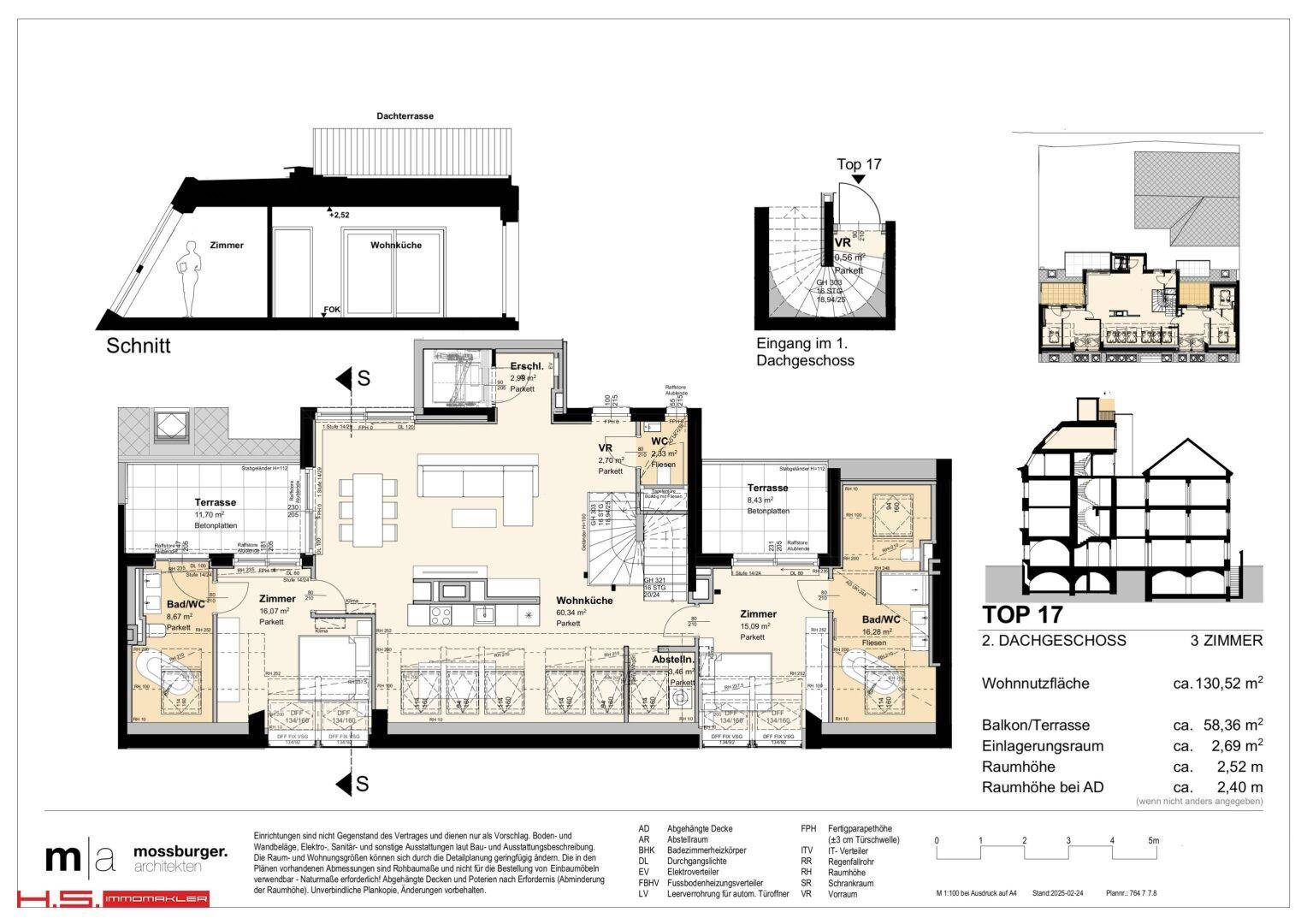 Detaillierter Grundriss der Dachgeschosswohnung mit Terrasse und offenem Wohnbereich.
