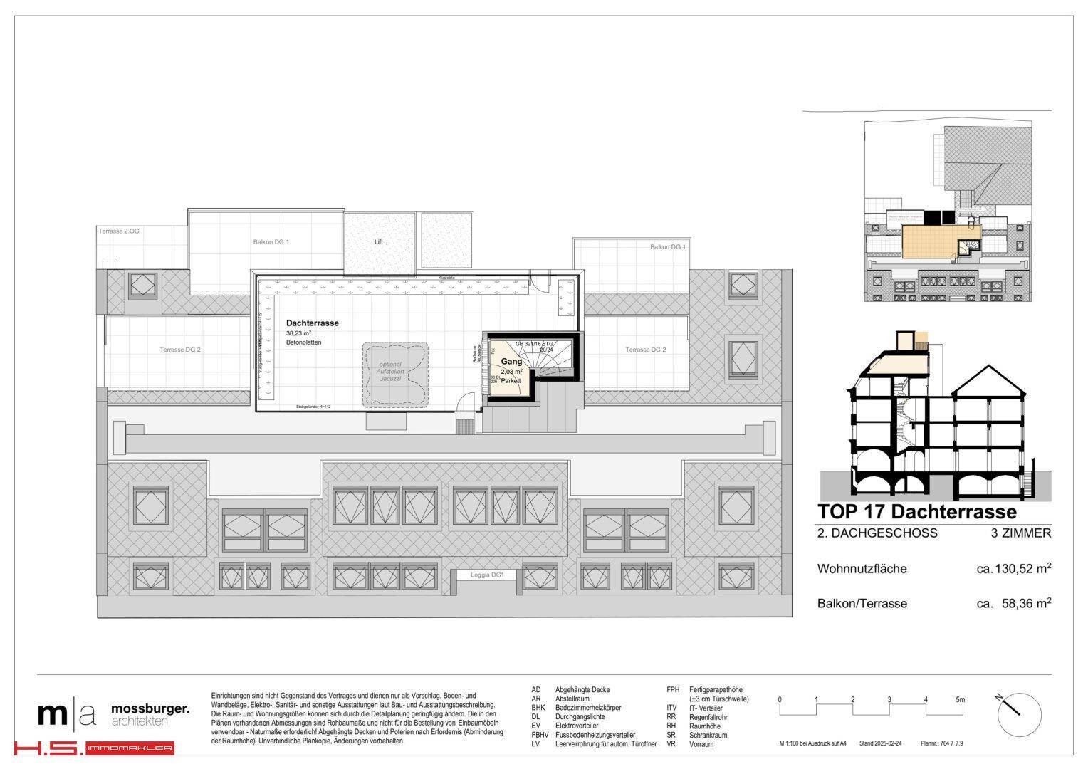Grundriss der Dachterrasse mit Zugang zum Dachgeschoss und weiteren Terrassenbereichen.