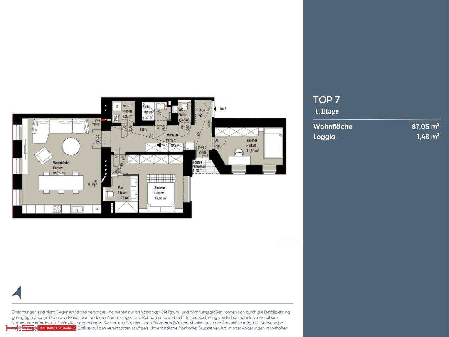 Grundriss der Wohnung Top 7 im ersten Stock mit 87,05 m² Wohnfläche und Loggia.