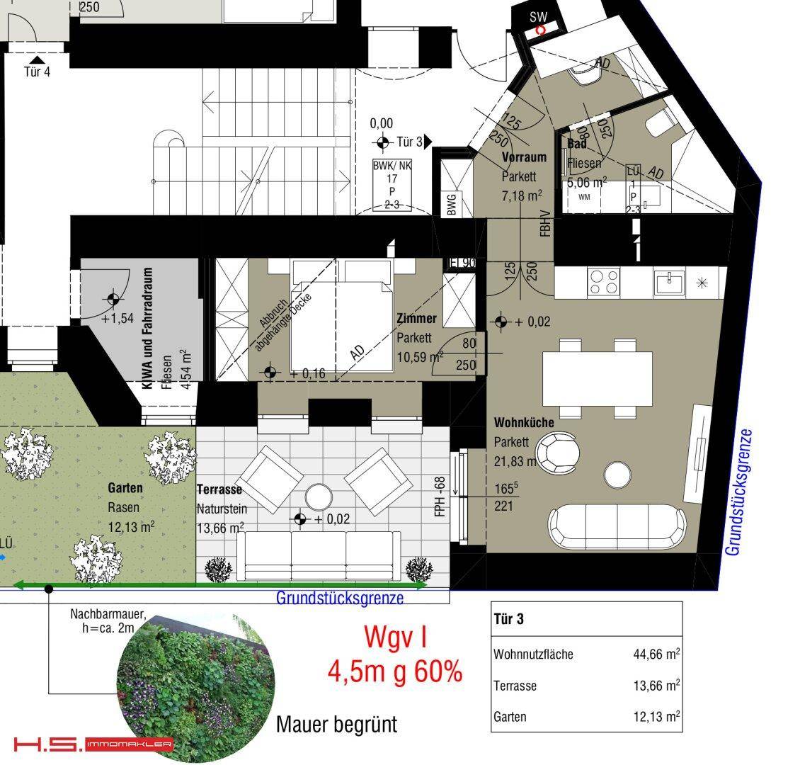 Grundriss der Wohnung mit Wohnküche, Zimmer, Terrasse und Gartenflächen.