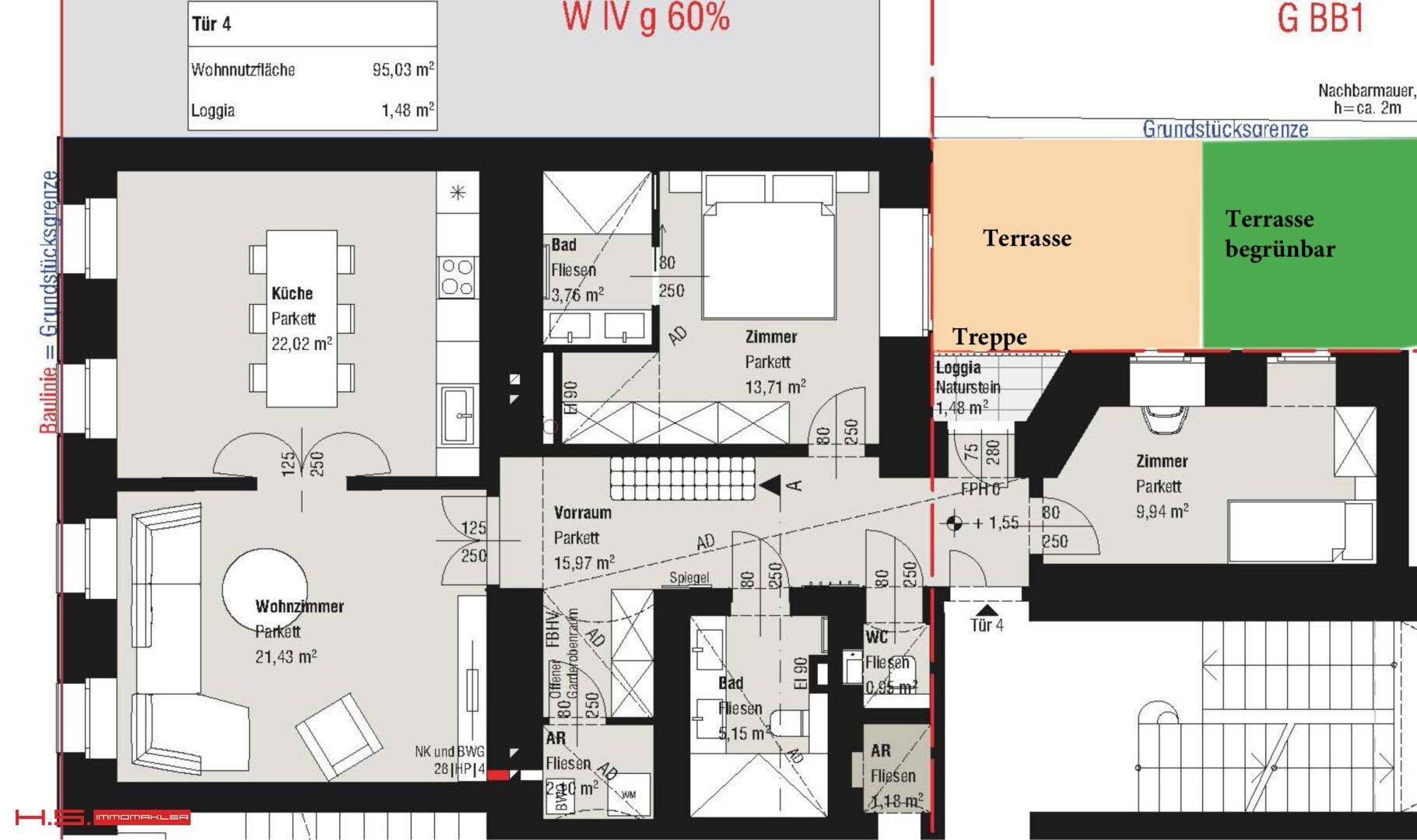 Detaillierter Grundriss mit Wohnzimmer, Küche, Schlafzimmern und Terrasse, der die Raumaufteilung zeigt.