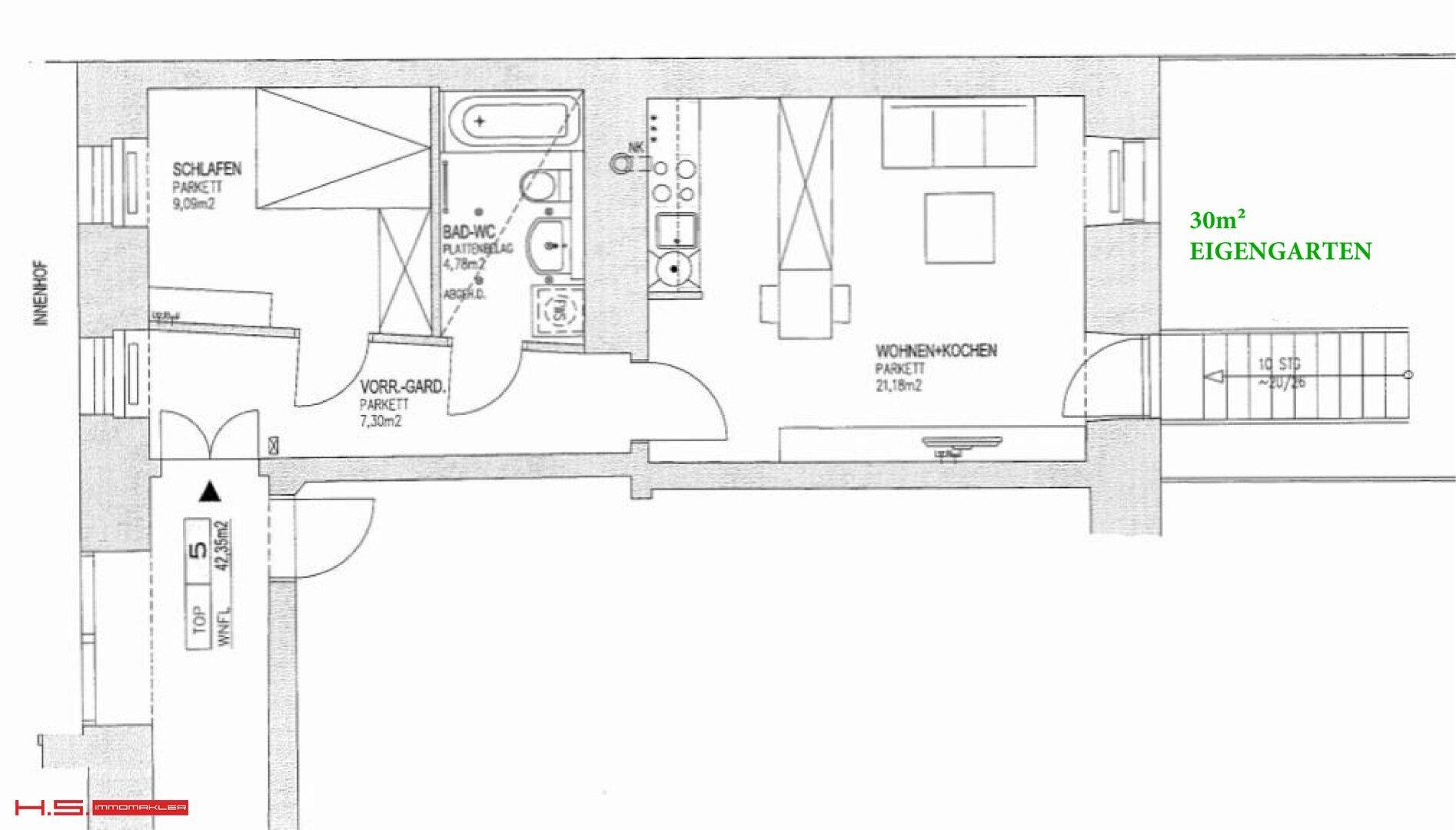 Grundriss einer Wohnung mit Schlafzimmer, Bad, Wohnküche und eigenem Garten.