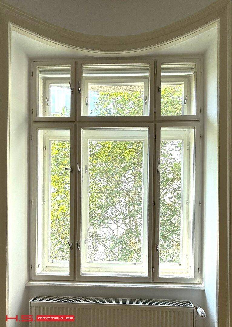 Großes Fenster mit Sprossen und Blick auf grüne Bäume, das viel Tageslicht hereinlässt.
