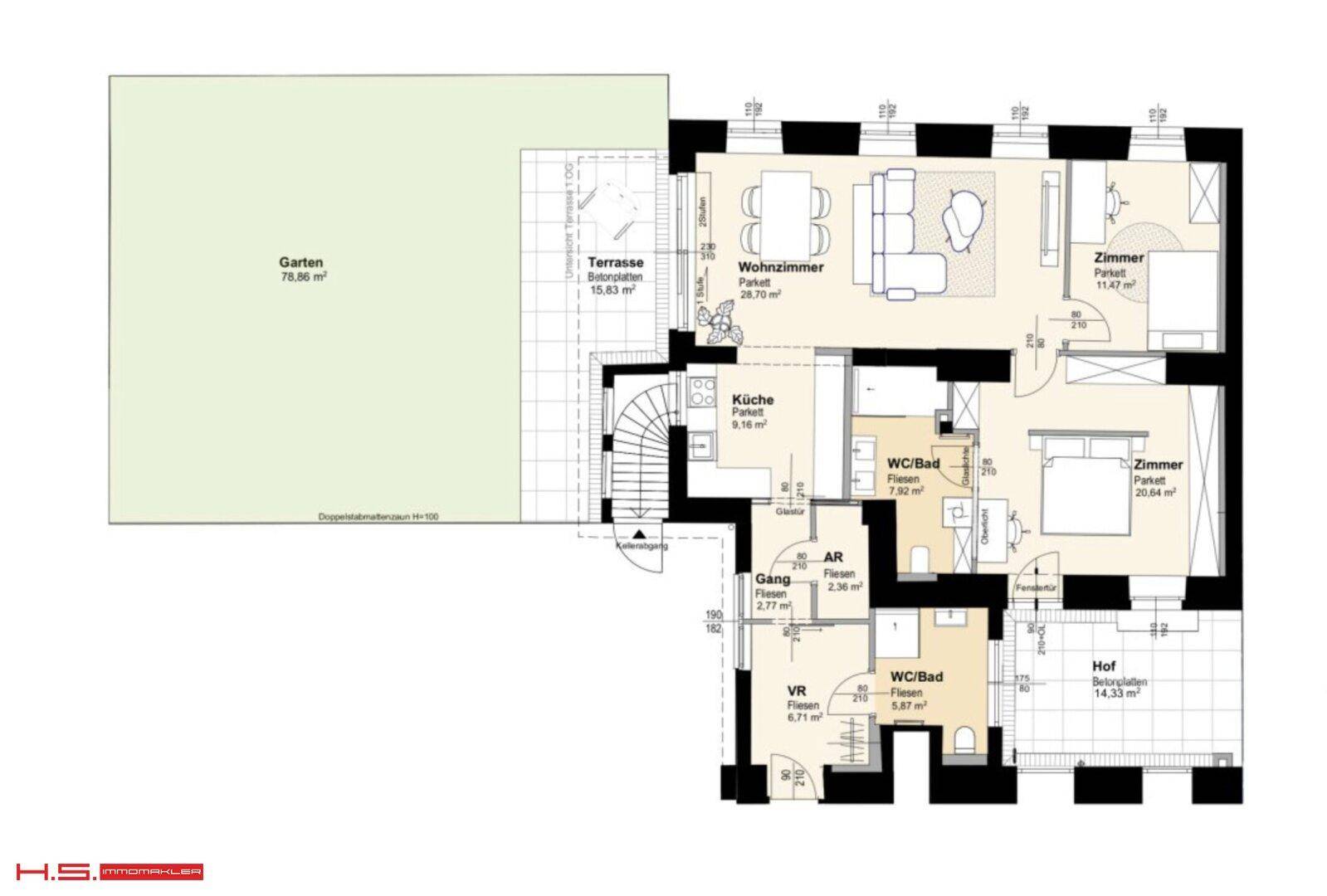 Detaillierter Grundriss mit Wohnzimmer, Küche, Schlafzimmern, Garten und Terrasse.