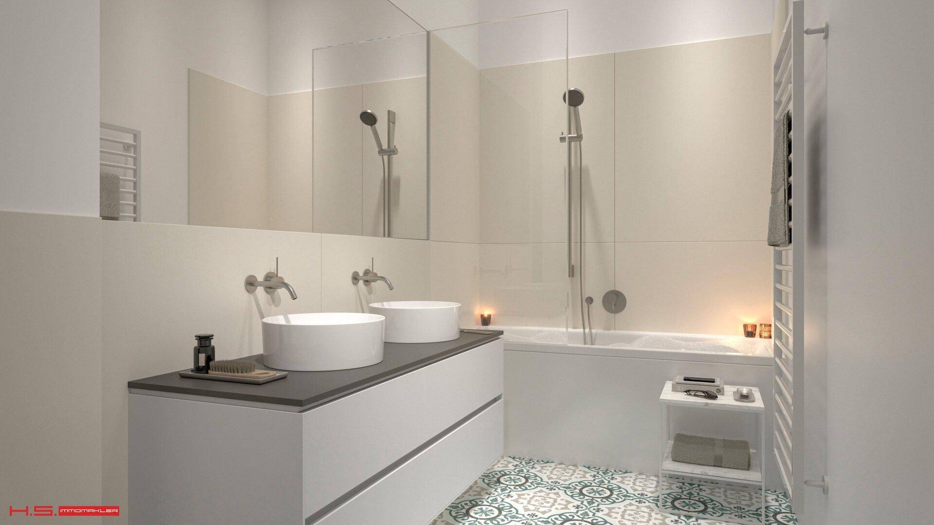 Modernes Badezimmer mit Doppelwaschbecken, Badewanne und Duschbereich sowie gemusterten Fliesen.