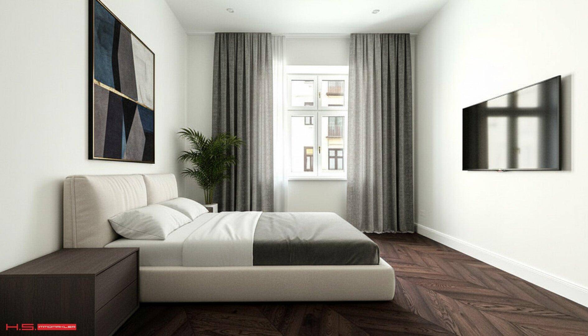 Schlafzimmer mit dunklem Fischgrätparkett, großem Bett und Wandfernseher in modernem Stil.