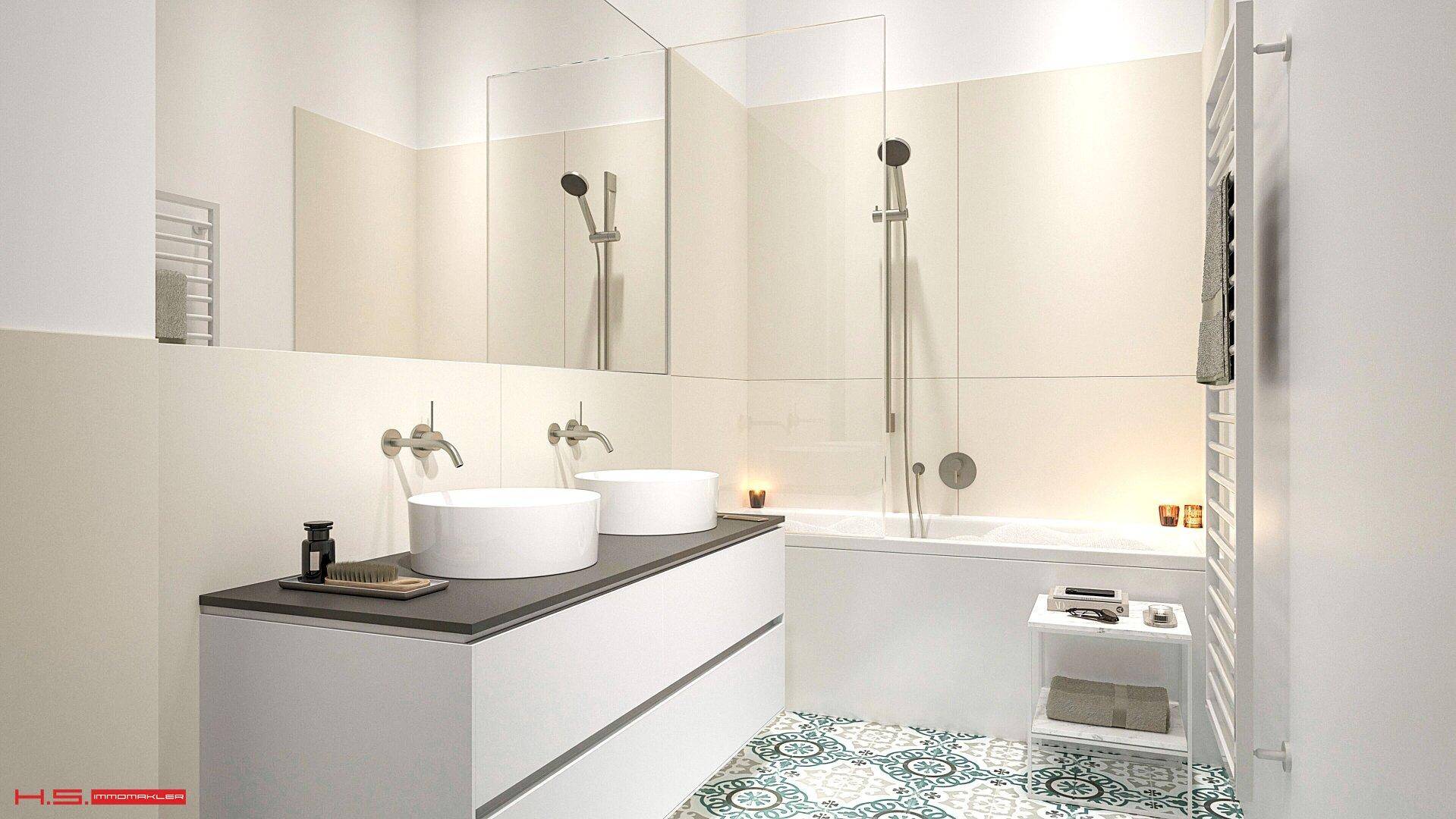 Modernes Badezimmer mit Doppelwaschbecken, Badewanne und gemusterten Bodenfliesen.