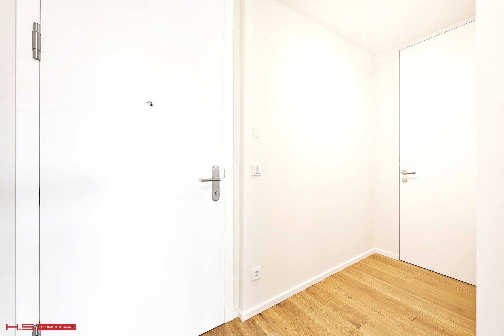 Heller Eingangsbereich mit Holzboden und weißen Türen, der zu weiteren Räumen führt.