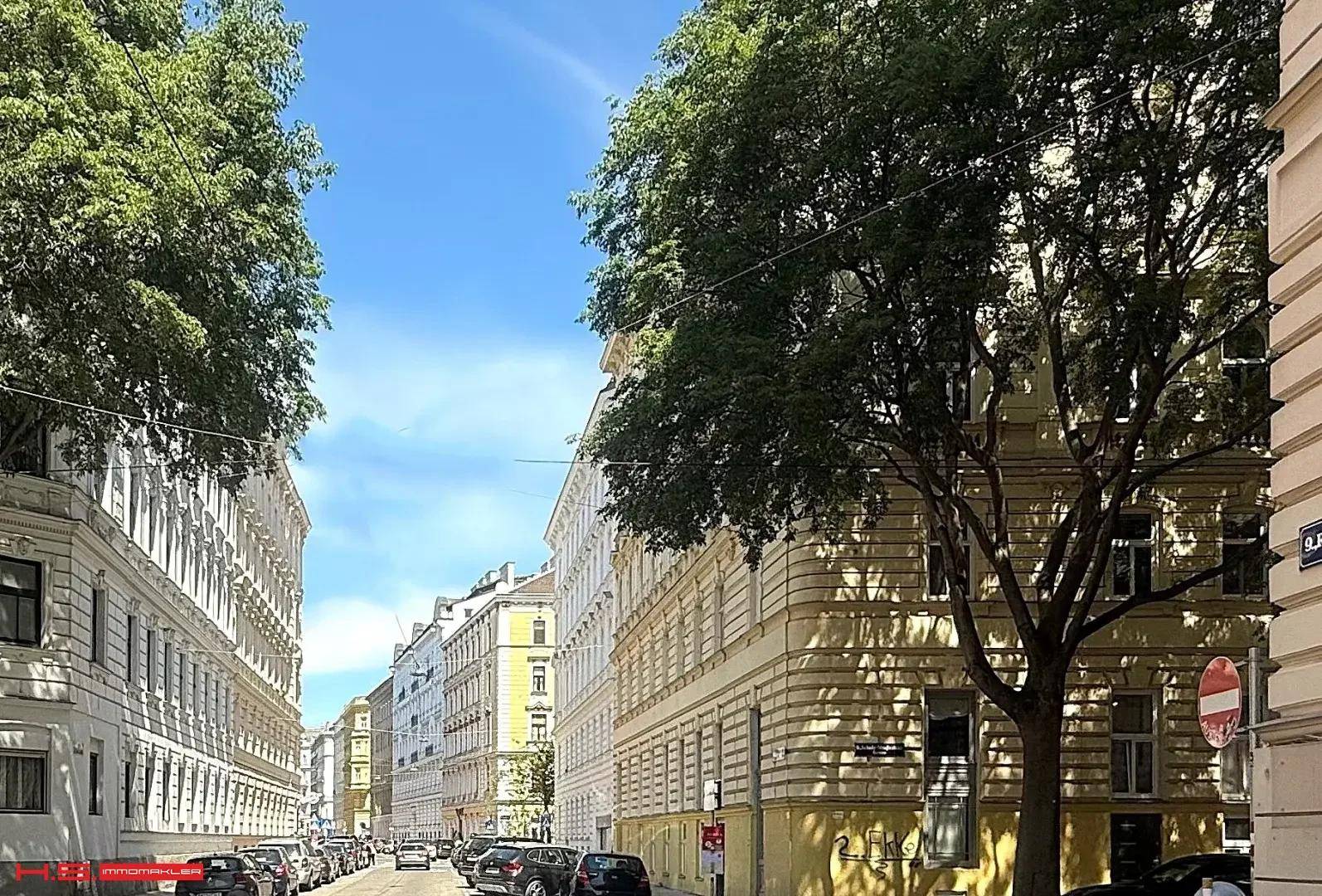 Historische Stadtstraße mit klassischer Architektur, grünen Bäumen und parkenden Autos.