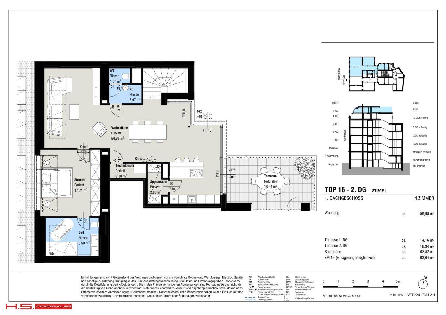 Grundriss des zweiten Dachgeschosses mit offenem Wohnbereich, Küche, Schlafzimmer und großer Terrasse.