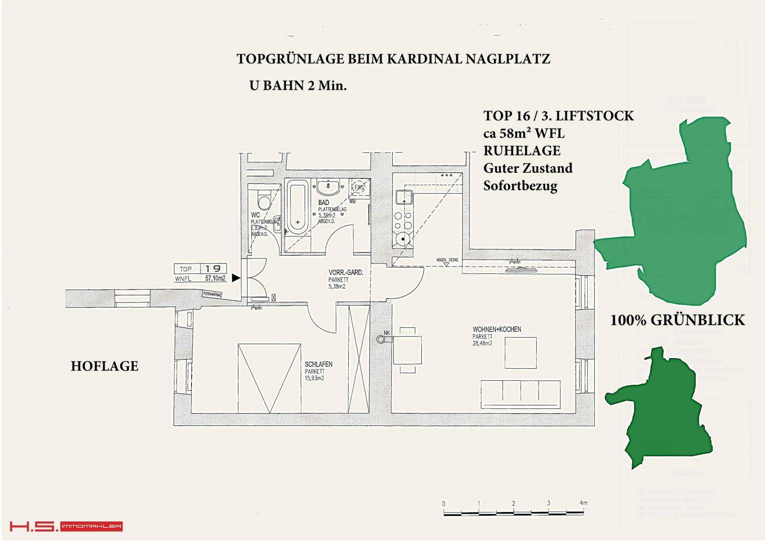 Grundriss einer Wohnung mit offener Wohnküche, Schlafzimmer, Bad und separatem WC, inklusive Grünblick und Liftzugang.