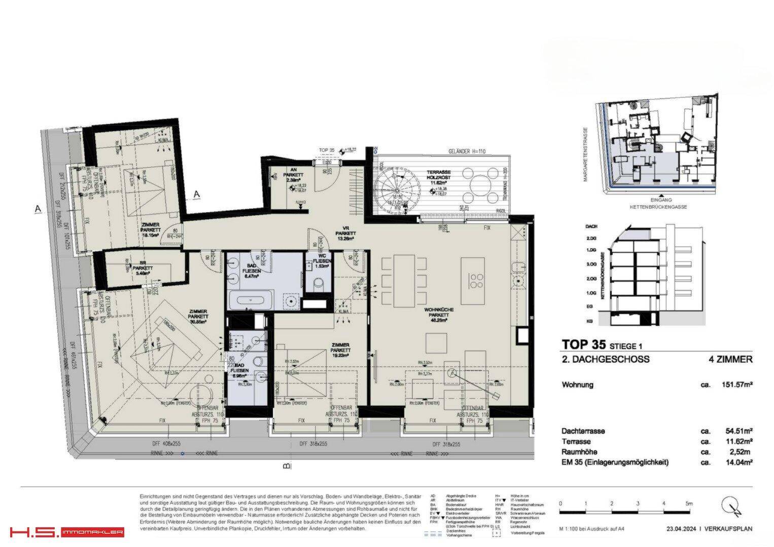 Grundriss der Dachgeschosswohnung mit vier Zimmern, offener Wohnküche und zwei Terrassenbereichen.
