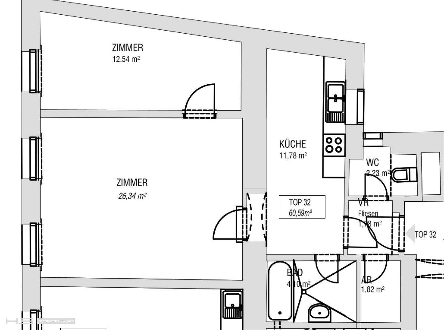 Grundriss der Wohnung mit Zimmern, Küche, Bad und separatem WC, zeigt die Raumaufteilung.