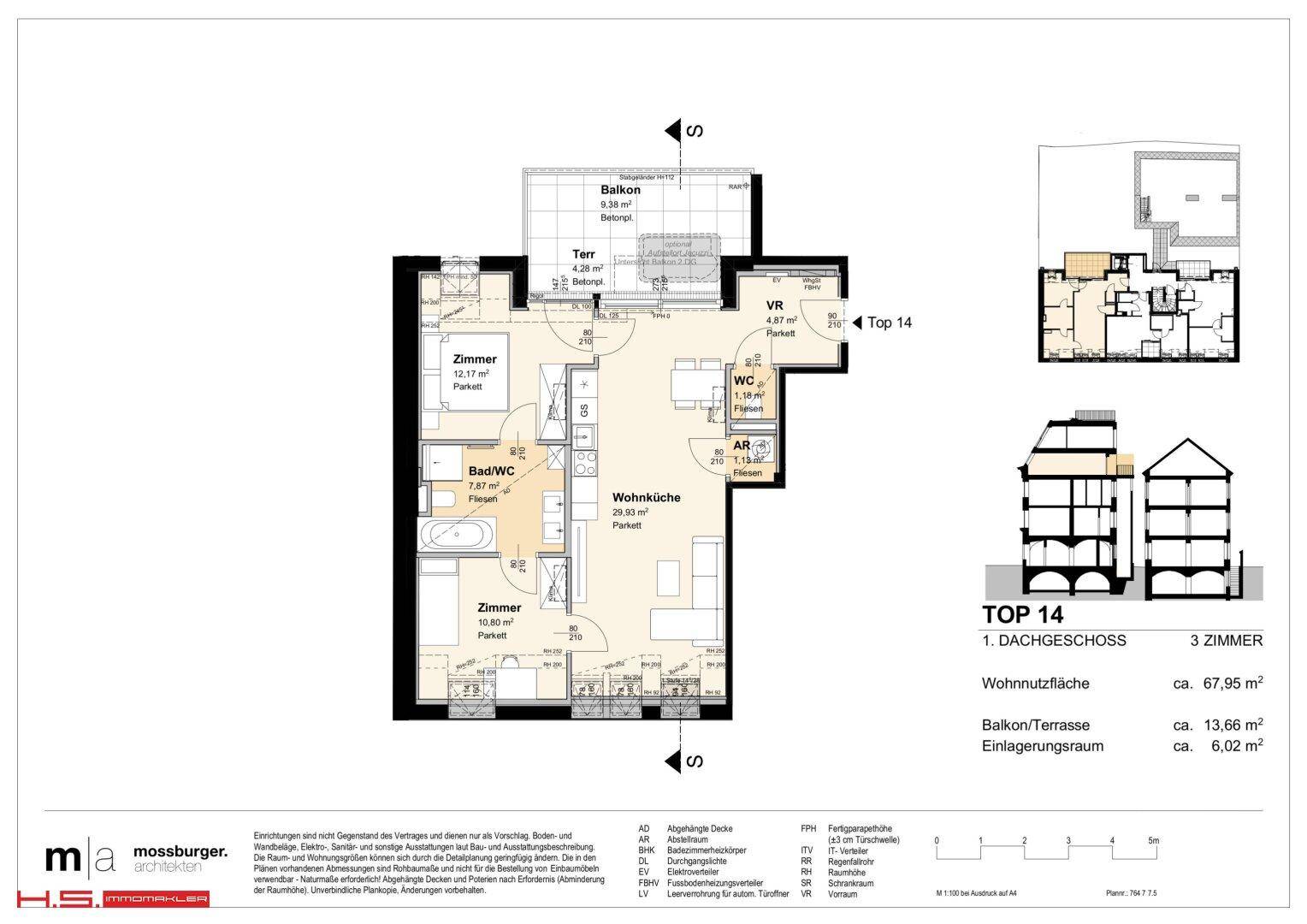 Detaillierter Grundriss der Wohnung TOP 14 mit Wohnküche, zwei Zimmern und Balkon/Terrasse.