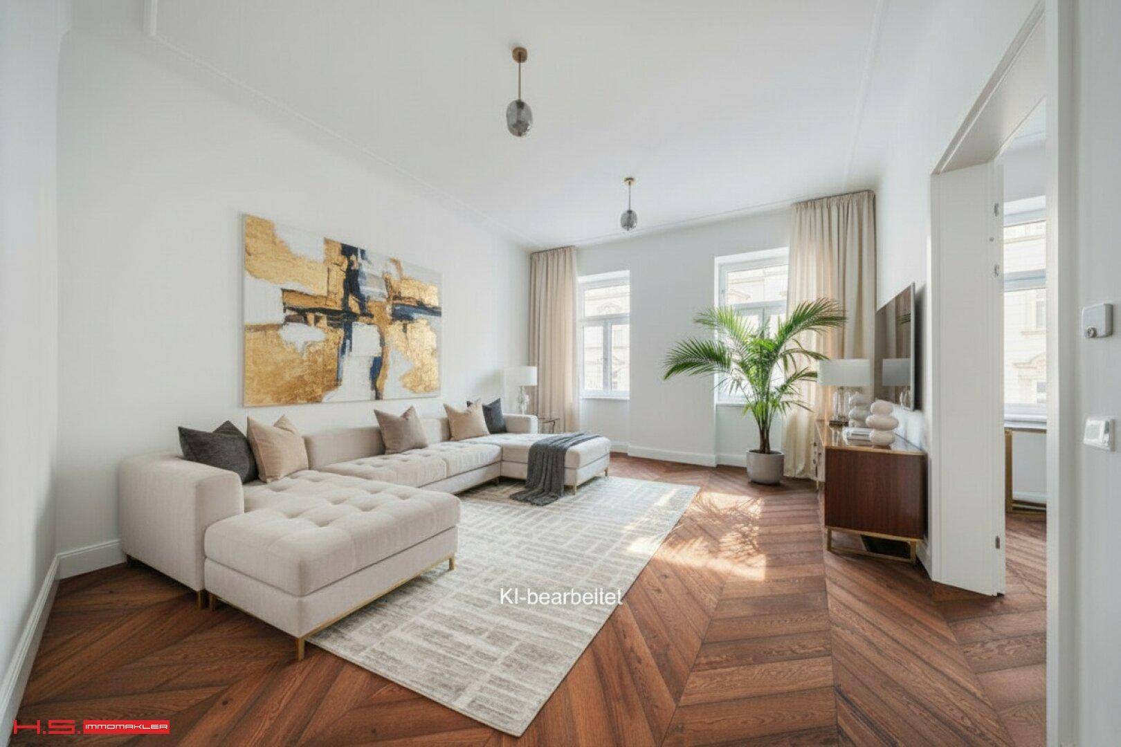 Helles Wohnzimmer mit modernem Ecksofa, Fischgrätparkett und großem abstraktem Kunstwerk.