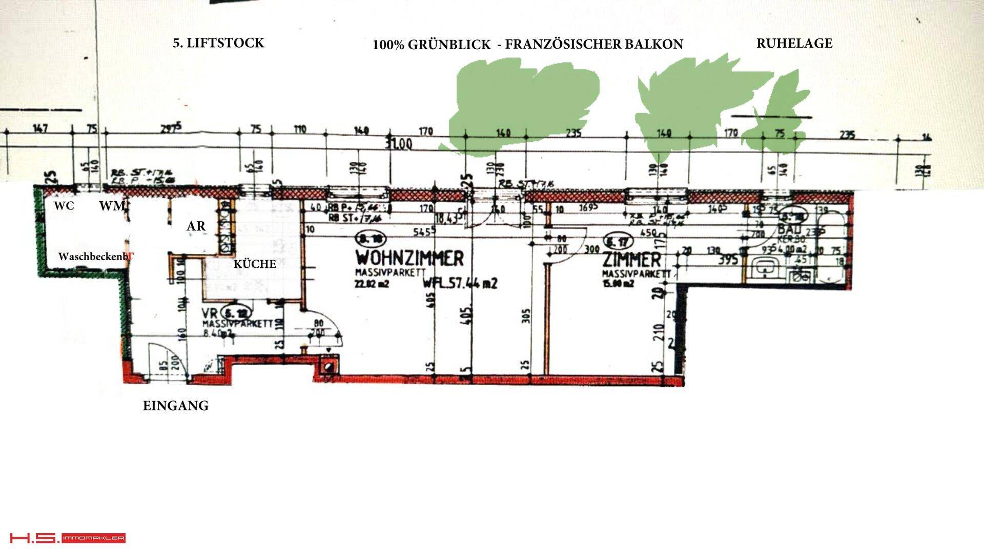 Detaillierter Grundriss einer Wohnung im 5. Liftstock mit Grünblick, französischem Balkon und Massivparkett.