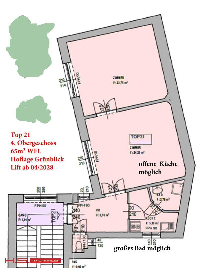 Grundriss der Wohnung Top 21 im 4. Obergeschoss mit 65m² Wohnfläche und Grünblick.