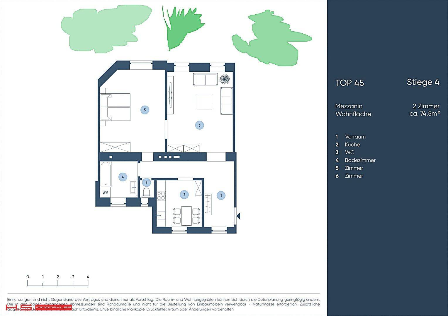 Grundriss der Wohnung Top 45 mit 2 Zimmern und einer Wohnfläche von ca. 74,5m².