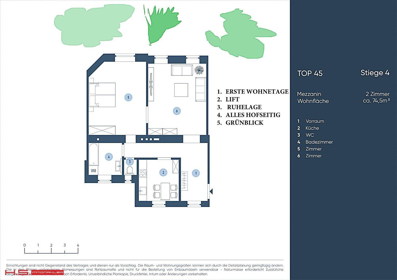 Grundriss der Wohnung Top 45 mit 2 Zimmern und einer Wohnfläche von ca. 74,5m².