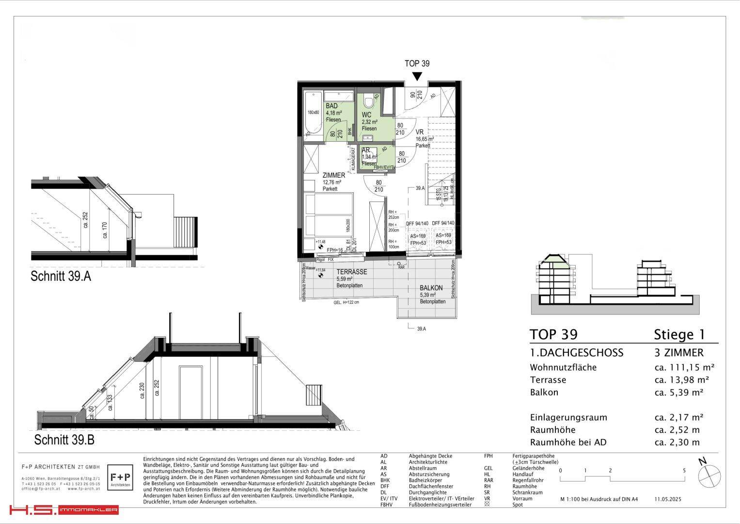 Grundriss des Dachgeschosses mit Schlafzimmer, Bad, WC, Terrasse und Balkon, zeigt die Raumaufteilung.
