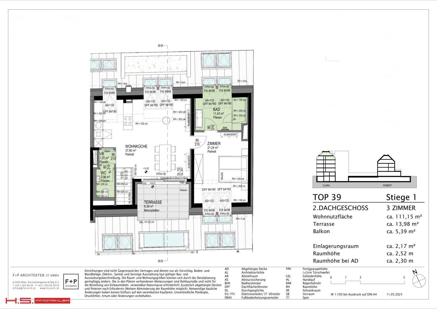 Grundriss des zweiten Dachgeschosses mit offener Wohnküche, Zimmer und großer Terrasse.